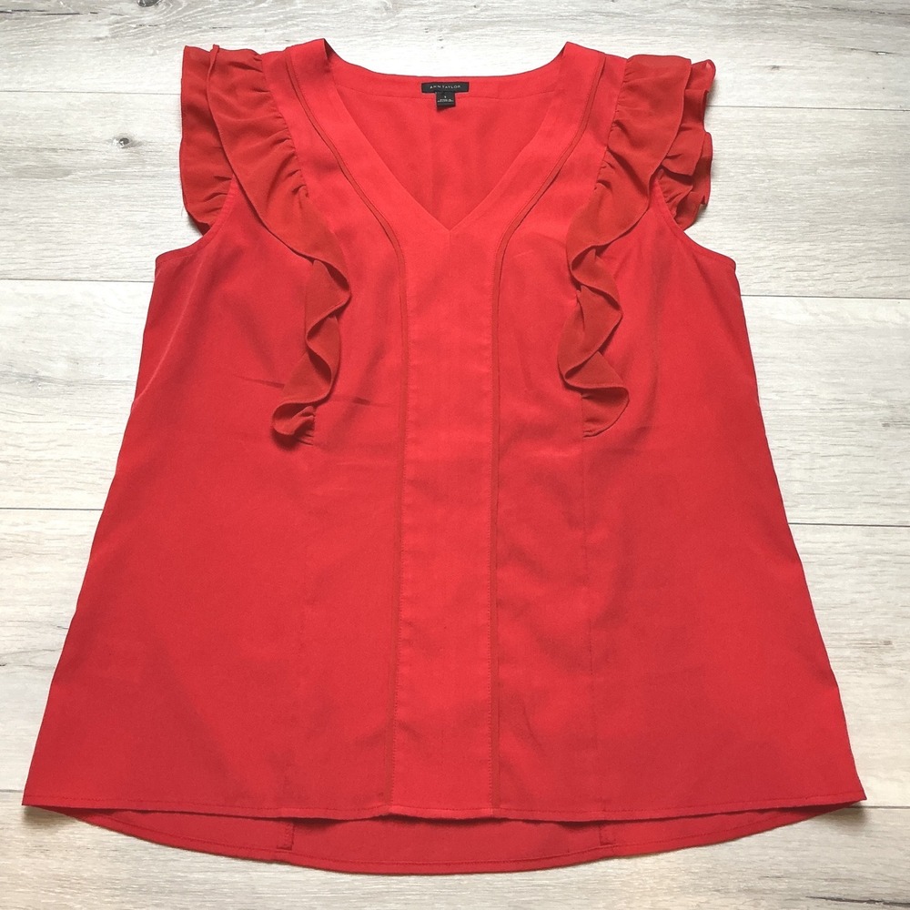 Ann Taylor Ruffle V-Neck Blouse Women Small Red PeLoved